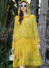 Load image into Gallery viewer, French Yellow Embroidered Patchwork Silk Hooded Dresses Summer