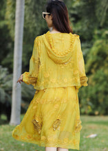 Load image into Gallery viewer, French Yellow Embroidered Patchwork Silk Hooded Dresses Summer