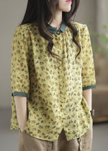 Load image into Gallery viewer, French Yellow Peter Pan Collar Print Button Linen Shirt Long Sleeve