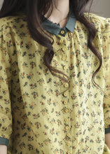 Load image into Gallery viewer, French Yellow Peter Pan Collar Print Button Linen Shirt Long Sleeve