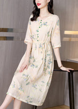 Load image into Gallery viewer, French Yellow Print Lace Up Pockets Linen Dresses Half Sleeve