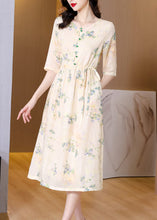 Load image into Gallery viewer, French Yellow Print Lace Up Pockets Linen Dresses Half Sleeve