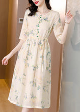 Load image into Gallery viewer, French Yellow Print Lace Up Pockets Linen Dresses Half Sleeve