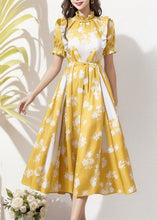 Load image into Gallery viewer, French Yellow Ruffled Print Patchwork Silk Dress Summer