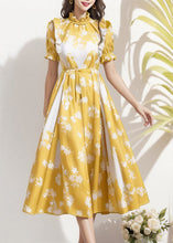 Load image into Gallery viewer, French Yellow Ruffled Print Patchwork Silk Dress Summer