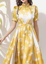 Load image into Gallery viewer, French Yellow Ruffled Print Patchwork Silk Dress Summer