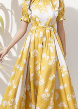 Load image into Gallery viewer, French Yellow Ruffled Print Patchwork Silk Dress Summer