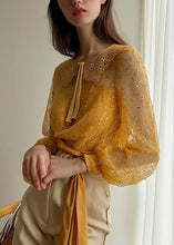 Load image into Gallery viewer, French Yellow Sequins Patchwork Tulle Shirt Long Sleeve