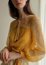 Load image into Gallery viewer, French Yellow Sequins Patchwork Tulle Shirt Long Sleeve