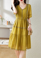 Load image into Gallery viewer, French Yellow V Neck Patchwork Cotton Party Dress Summer