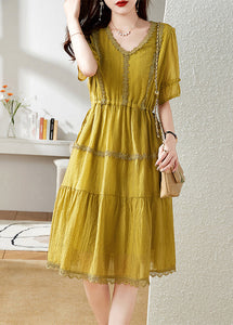 French Yellow V Neck Patchwork Cotton Party Dress Summer