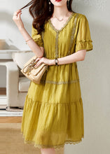 Load image into Gallery viewer, French Yellow V Neck Patchwork Cotton Party Dress Summer