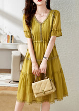 Load image into Gallery viewer, French Yellow V Neck Patchwork Cotton Party Dress Summer