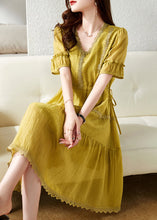 Load image into Gallery viewer, French Yellow V Neck Patchwork Cotton Party Dress Summer