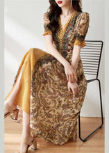 Load image into Gallery viewer, French Yellow V Neck Patchwork Print Silk Long Dress Summer