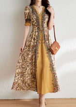 Load image into Gallery viewer, French Yellow V Neck Patchwork Print Silk Long Dress Summer