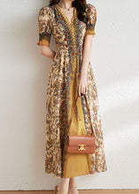 Load image into Gallery viewer, French Yellow V Neck Patchwork Print Silk Long Dress Summer