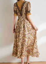 Load image into Gallery viewer, French Yellow V Neck Patchwork Print Silk Long Dress Summer