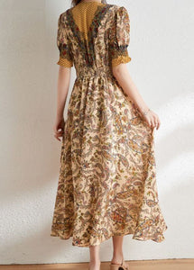 French Yellow V Neck Patchwork Print Silk Long Dress Summer