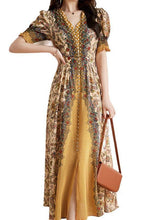 Load image into Gallery viewer, French Yellow V Neck Patchwork Print Silk Long Dress Summer