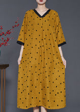 Load image into Gallery viewer, French Yellow V Neck Print Linen Dresses Summer