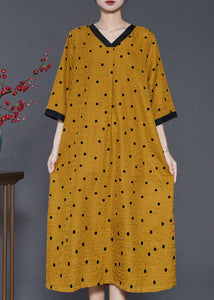 French Yellow V Neck Print Linen Dresses Summer