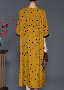 French Yellow V Neck Print Linen Dresses Summer