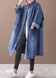 French denim blue Plus Size box coat Shape stand collar drawstring coat