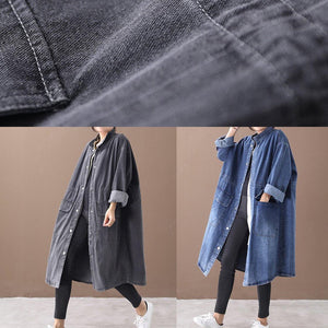 French denim blue Plus Size box coat Shape stand collar drawstring coat