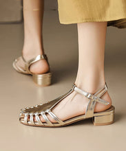 Load image into Gallery viewer, Gold Hollow Out Buckle Strap Splicing Chunky Sandals Faux Leather