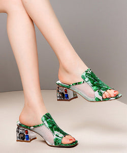 Green Breathable Mesh Splicing Zircon Slide Sandals