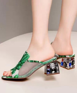 Green Breathable Mesh Splicing Zircon Slide Sandals