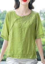 Load image into Gallery viewer, Green Cotton T Shirts O Neck Embroidered Short Sleeve