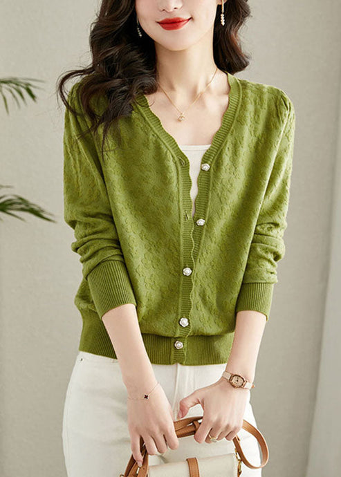 Green Embroidered Button Solid Knit Cardigans Fall