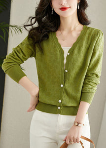 Green Embroidered Button Solid Knit Cardigans Fall