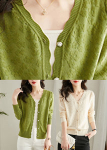 Green Embroidered Button Solid Knit Cardigans Fall