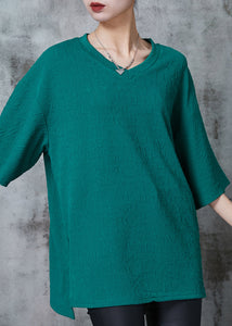 Green Jacquard Cotton Tops V Neck Oversized Summer