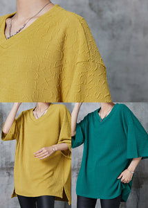 Green Jacquard Cotton Tops V Neck Oversized Summer