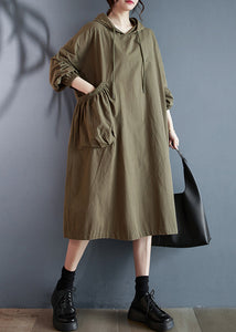 Green Lace Up Patchwork Loose Cotton Dresses Hooded Fall