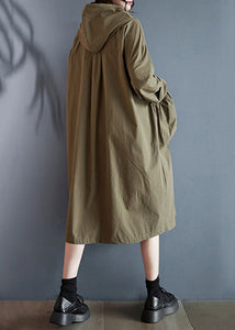 Green Lace Up Patchwork Loose Cotton Dresses Hooded Fall