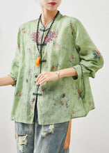 Load image into Gallery viewer, Green Linen Oriental Top Embroidered Chinese Button Summer