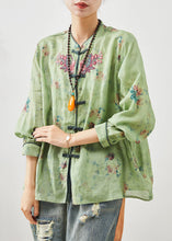 Load image into Gallery viewer, Green Linen Oriental Top Embroidered Chinese Button Summer