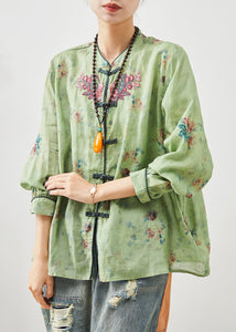 Green Linen Oriental Top Embroidered Chinese Button Summer