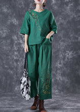 Load image into Gallery viewer, Green Loose Linen Two Pieces Set Embroidered Summer