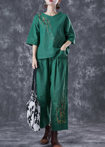 Green Loose Linen Two Pieces Set Embroidered Summer