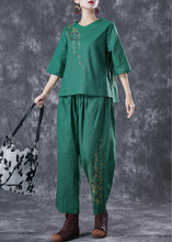 Load image into Gallery viewer, Green Loose Linen Two Pieces Set Embroidered Summer