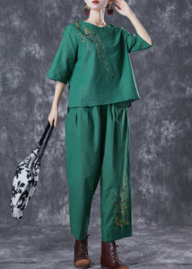 Green Loose Linen Two Pieces Set Embroidered Summer