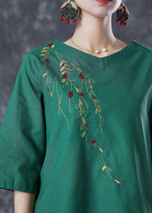 Green Loose Linen Two Pieces Set Embroidered Summer