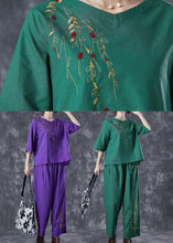 Load image into Gallery viewer, Green Loose Linen Two Pieces Set Embroidered Summer