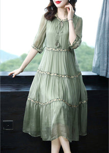 Green Neck Tie Silk Long Dresses Half Sleeve